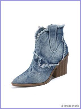Women's Embroidery Denim Western Ankle Boots Side Zipper Pointed Toe Stacked